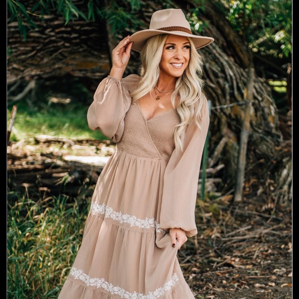 Tiered boutique dress. Beautiful tan color with perfect embroidery.